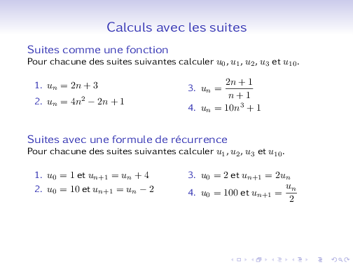 Calculs de termes d'une suite à partir de formules