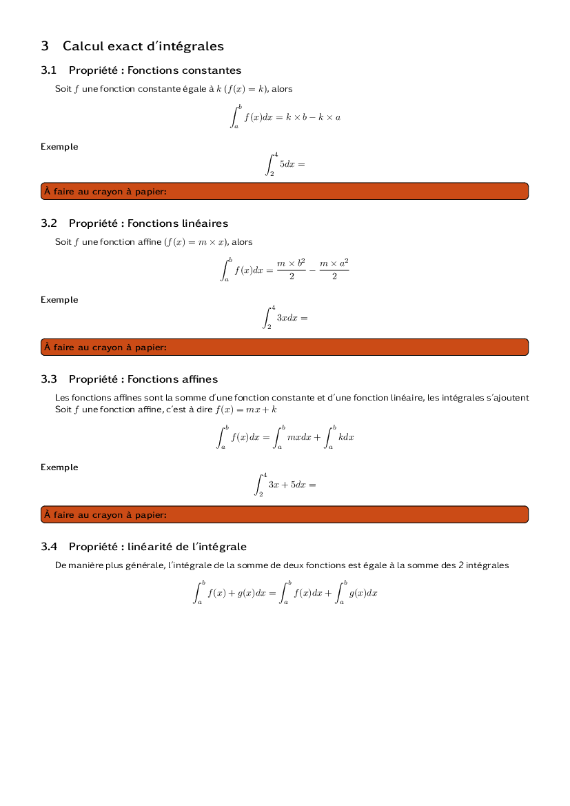Bilan sur l'intégrale des fonctions constantes, linéaires et affines