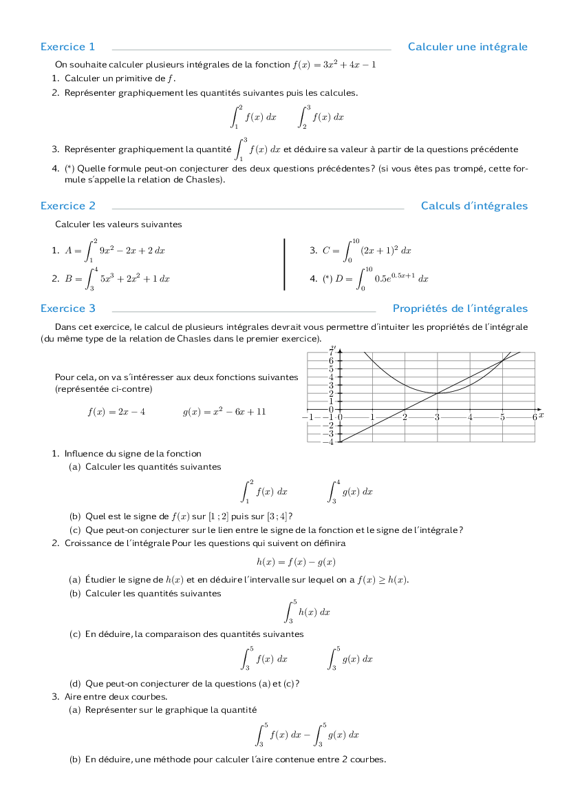 Calculs techniques d'intégrales et découverte des propriétés de l'intégrale.