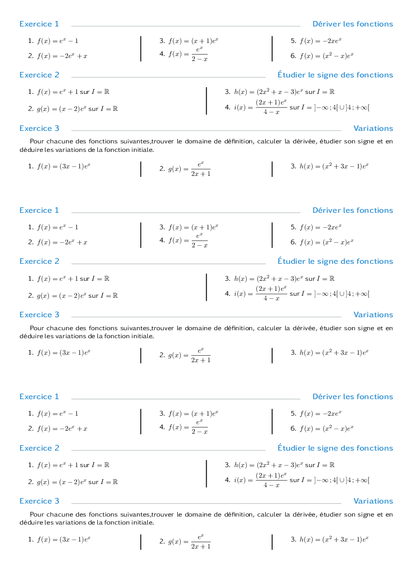 Exercices techniques de dérivation de l'exponentielle