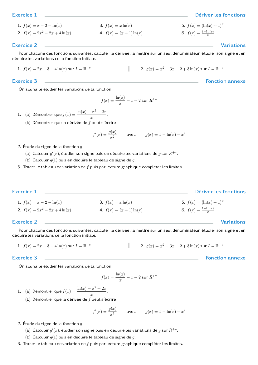 Exercices techniques de dérivation du logarithme
