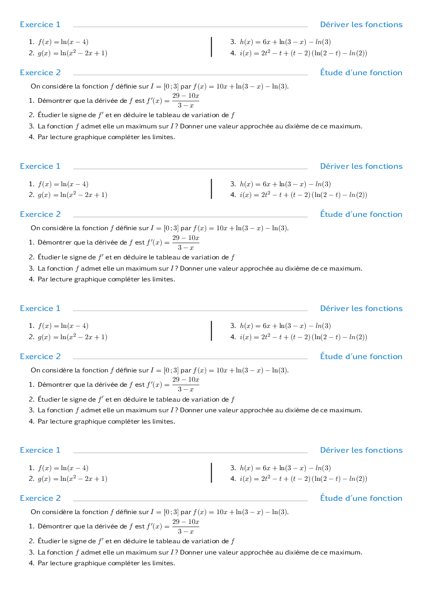 Exercices techniques de dérivation d'une fonction composée avec un logarithme