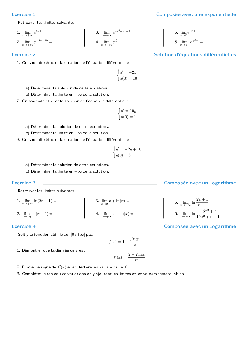 Exercices sur les limites de fonctions contenant du log et de l'exp