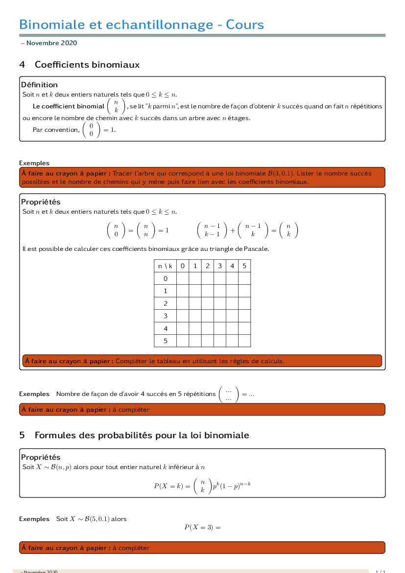 Cours sur les coefficients binomiaux et la formule de calculs de probabiltés