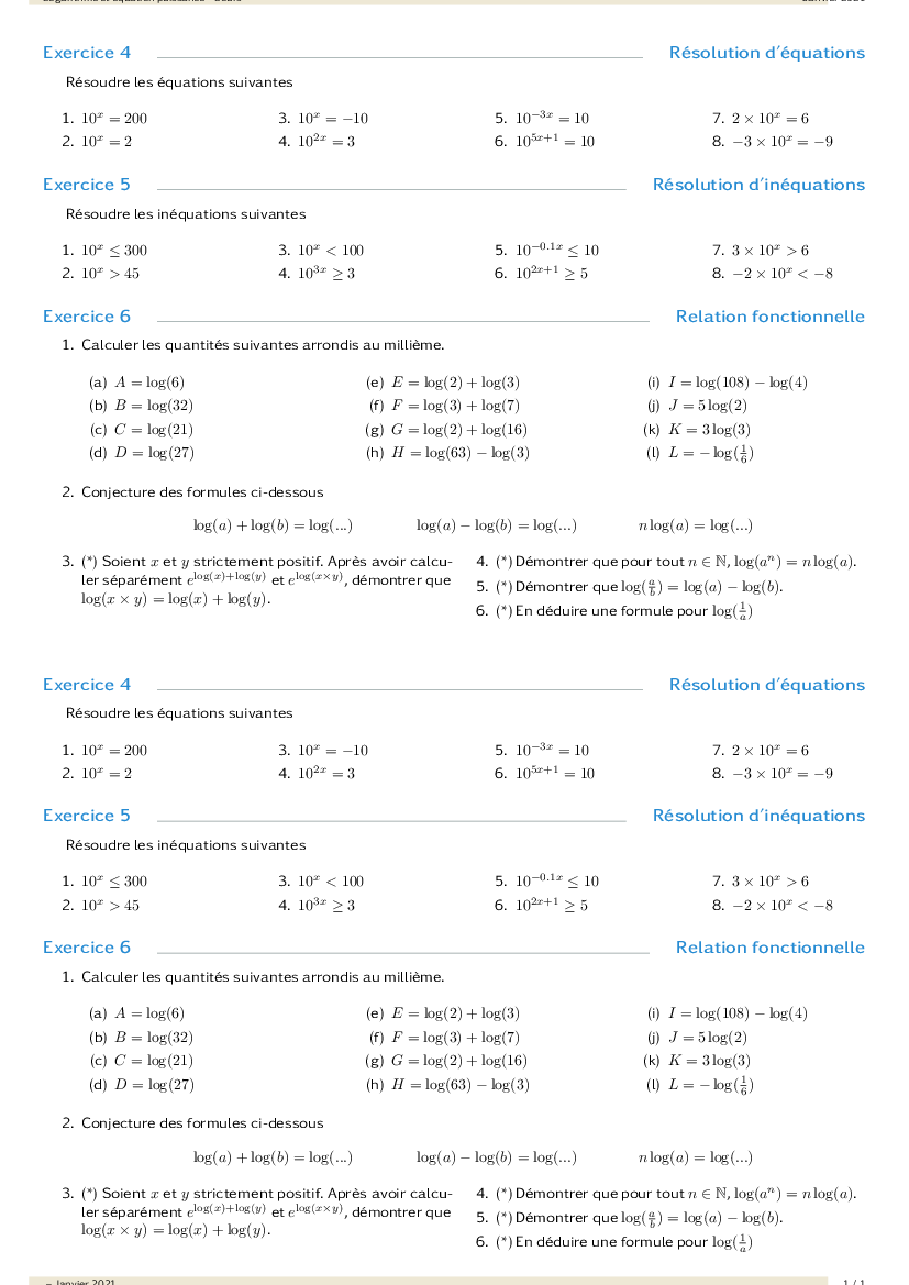 Exercices d'équations et inéquations avec des puissances de 10.
