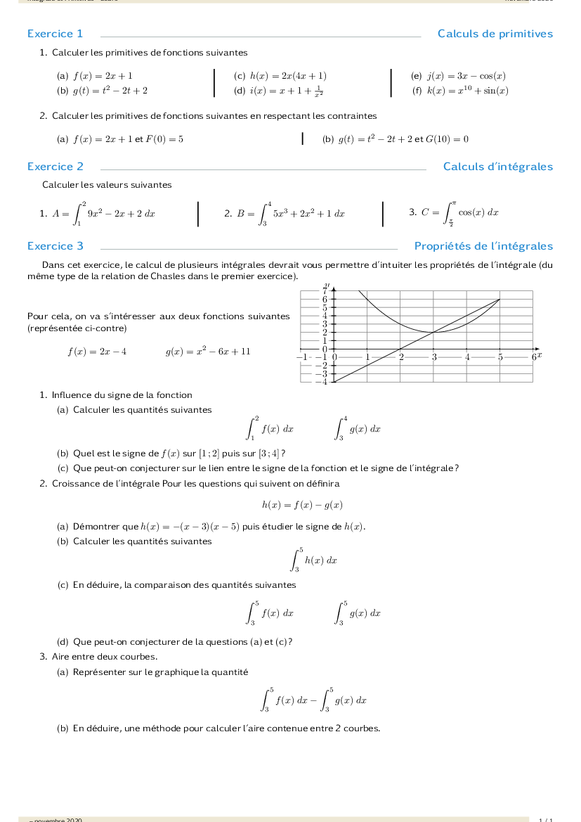 Exercices sur les calculs de primitives et d'intégrales