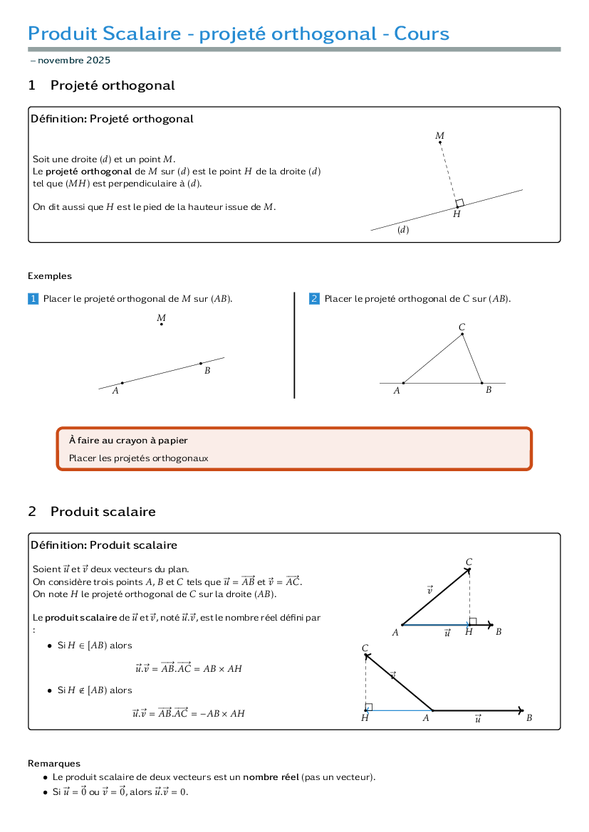 Cours sur le projeté orthogonal et définition du produit scalaire
