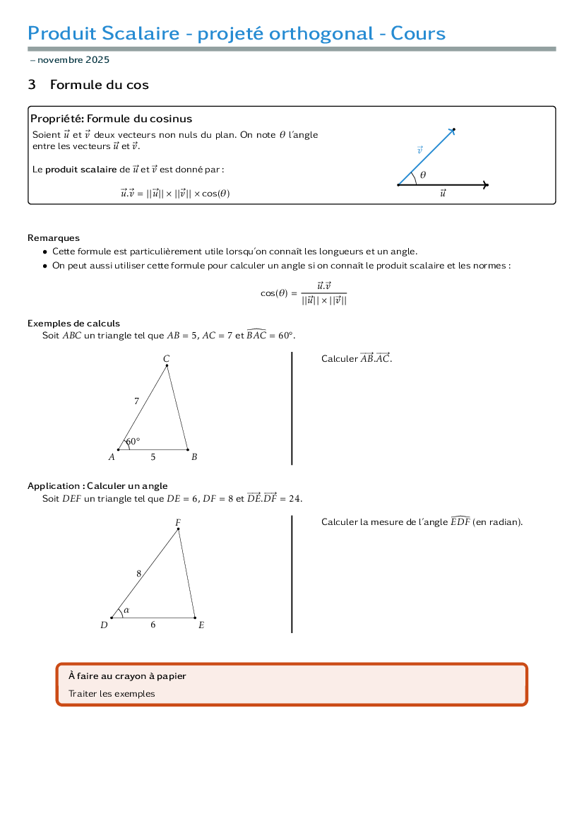 Cours sur la formule du cosinus