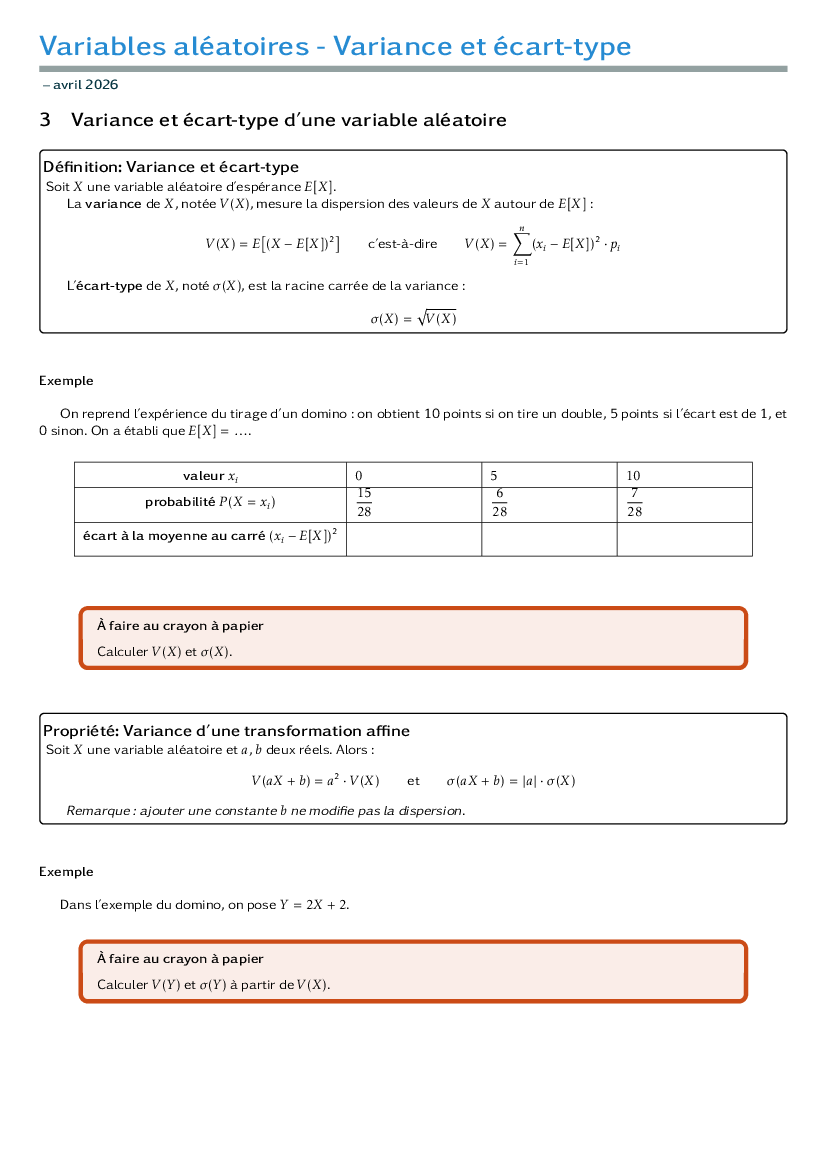 Cours - Variance et écart-type d'une variable aléatoire