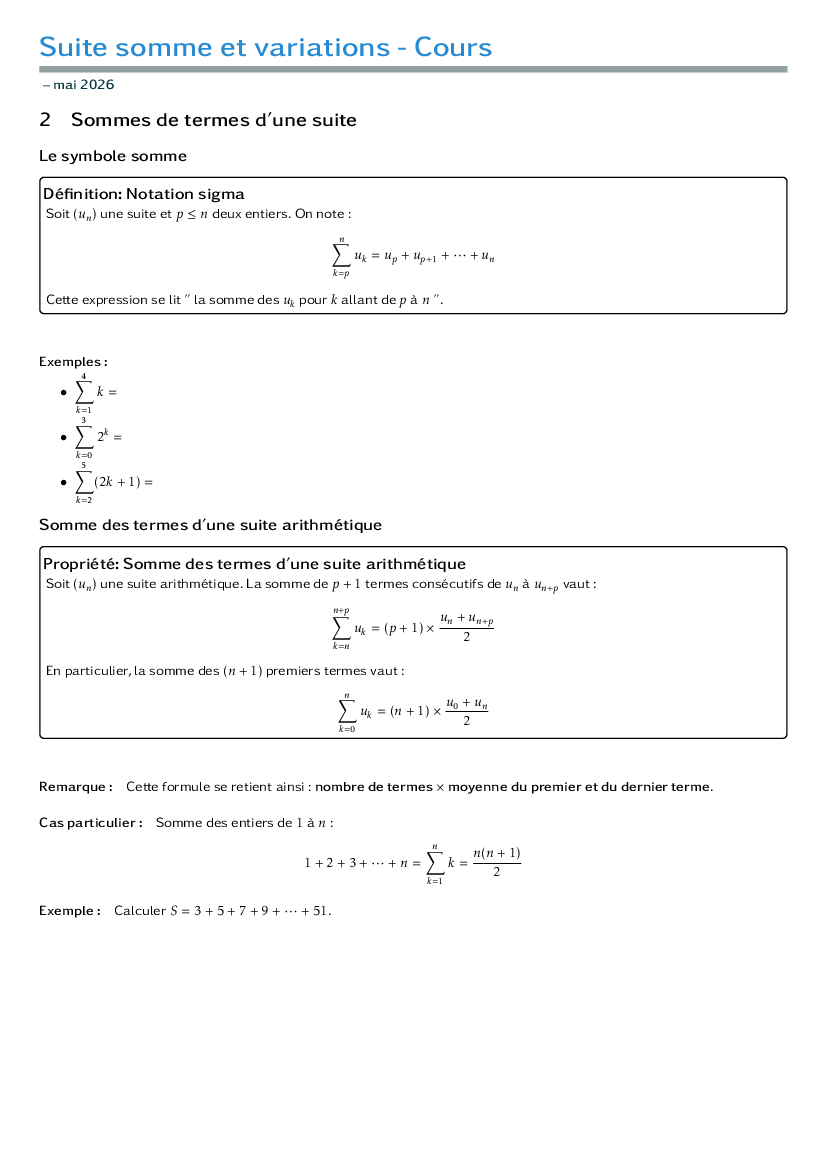 Cours - Sommes de termes d'une suite arithmétique