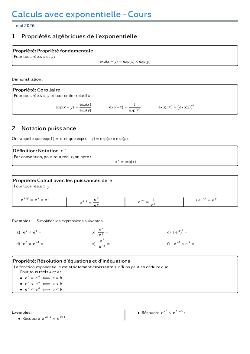 Cours - Propriétés algébriques de l'exponentielle
