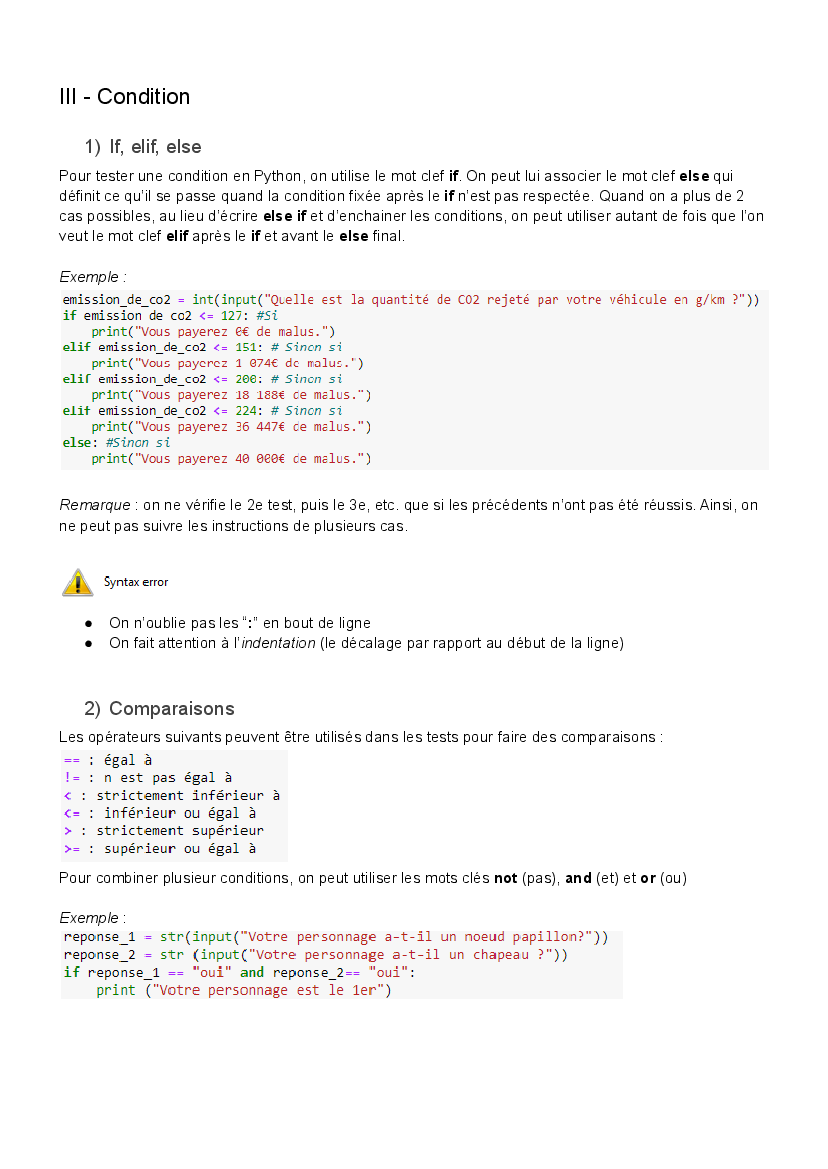 Bilan sur les instructions if