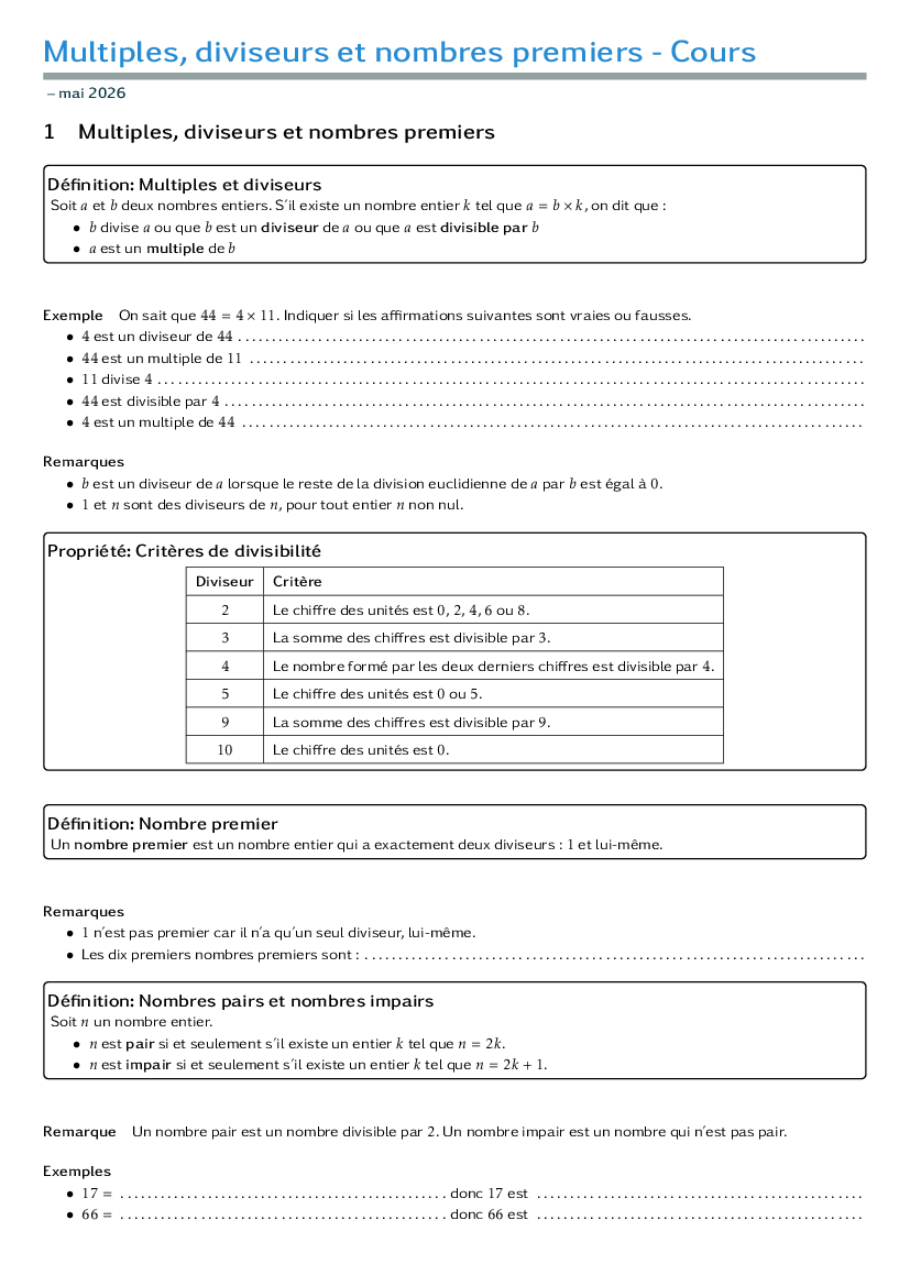 Bilan 1 - Multiples, diviseurs et nombres premiers