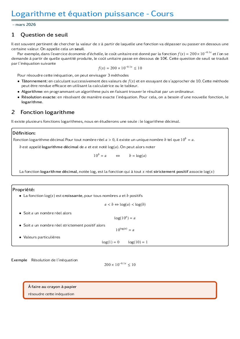 Bilan 1 - Logarithme et équations puissances