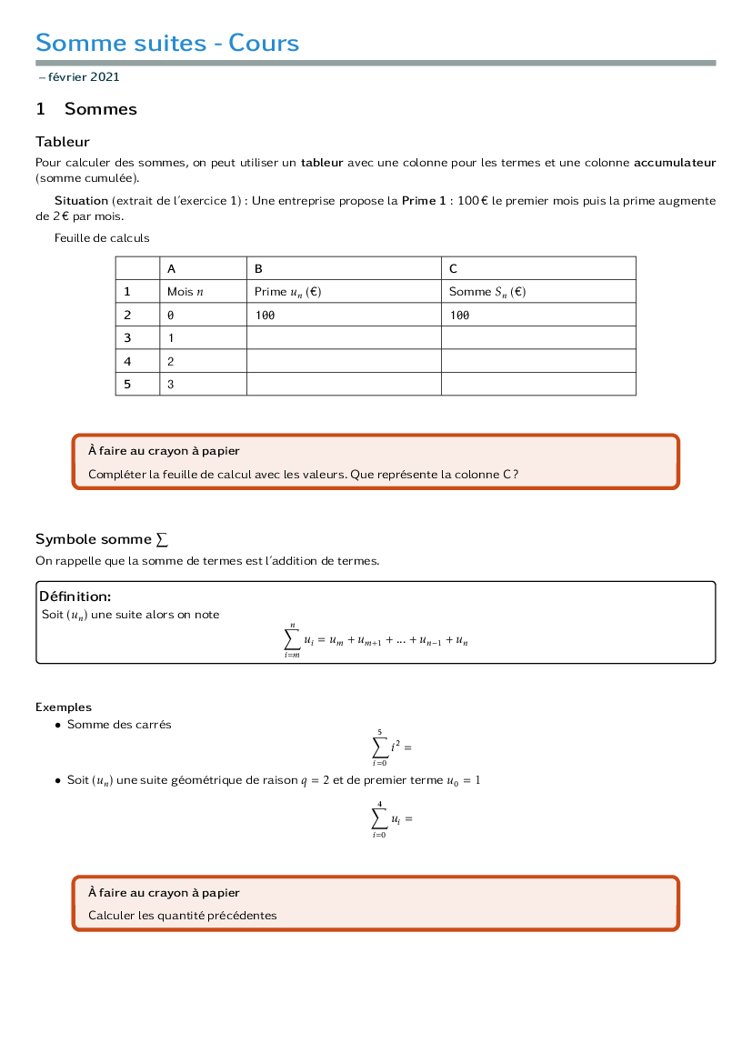 Cours - Symbole somme et utilisation du tableur