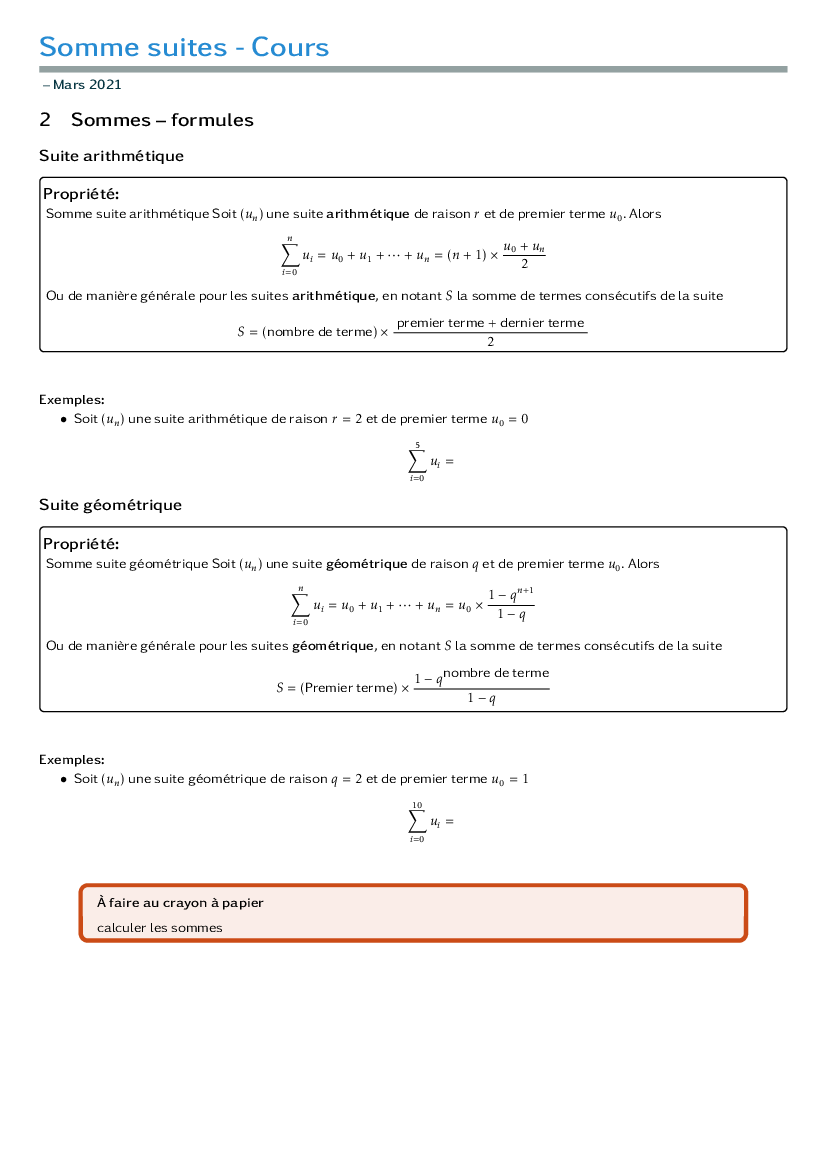 Cours - Formules de somme pour les suites arithmétiques et géométriques